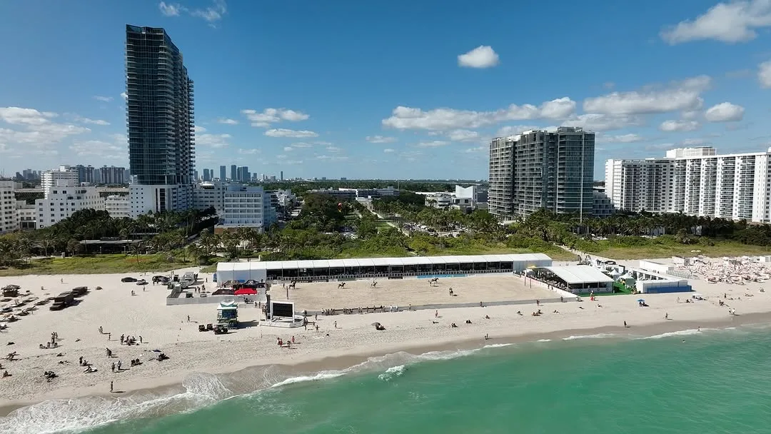 Miami Beach Arena Beach polo arena set up on South Beach with horses and spectators enjoying the Miami Beach Polo World Cup.