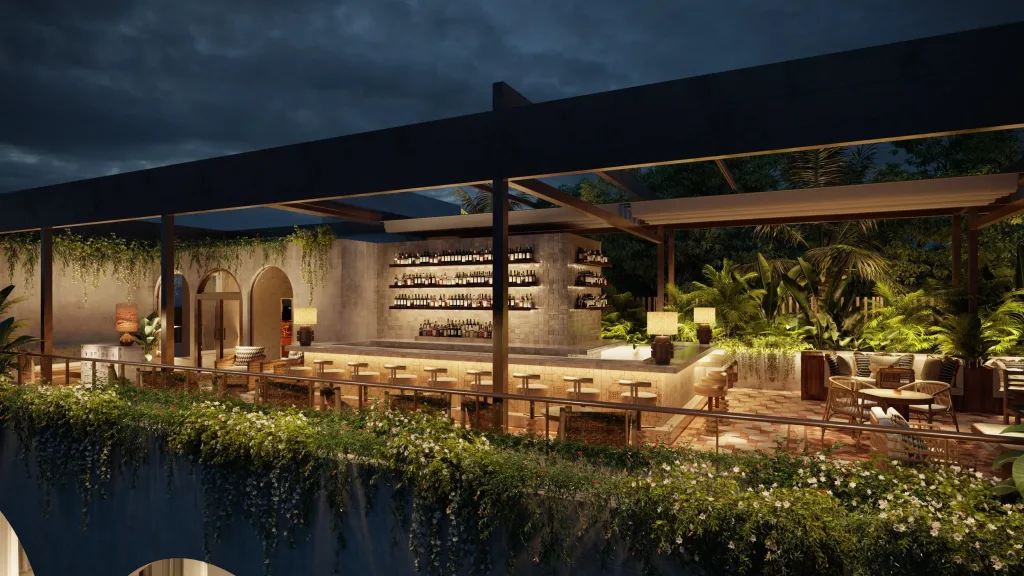 Casa Neos cocktail bar area with crafted drinks, ambient lighting, and a stylish lounge vibe