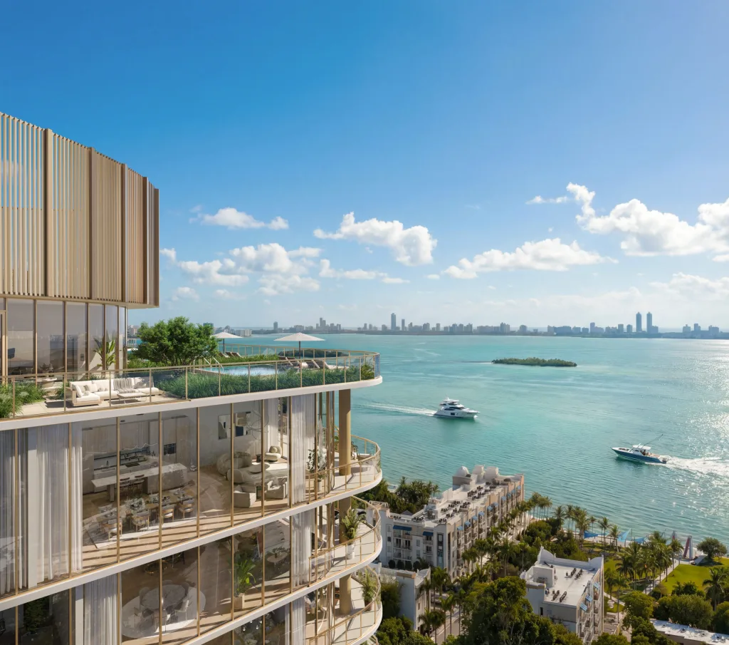 Luxury lifestyle image for Kempinski Miami showing premium terraces, waterfront views, and high-end residential design