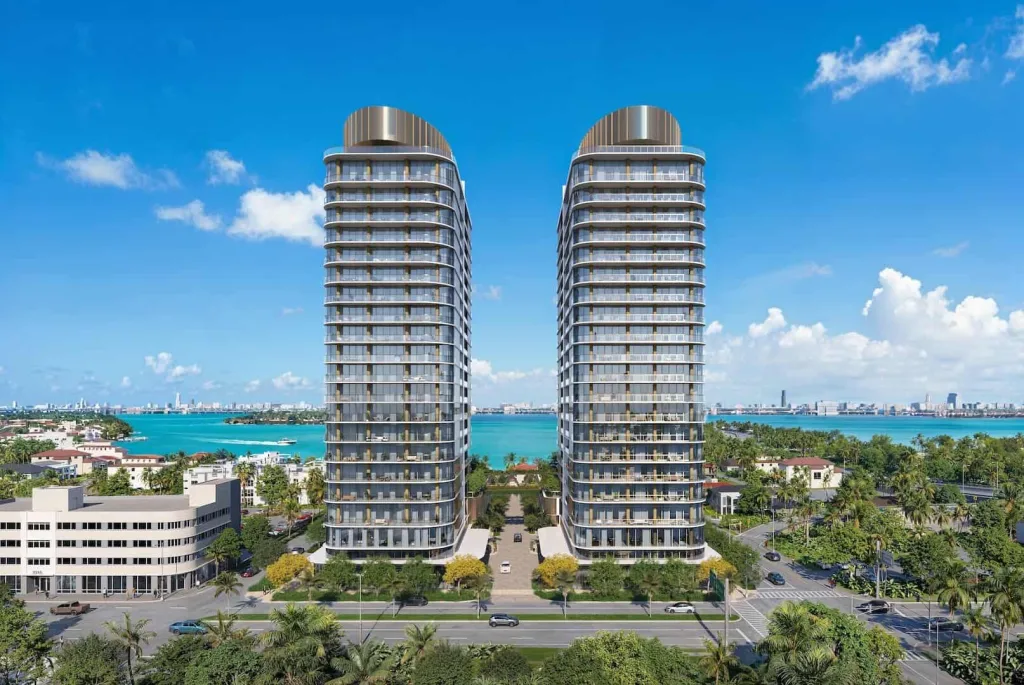Kempinski Residences Miami Design District exterior rendering with modern twin towers and luxury details