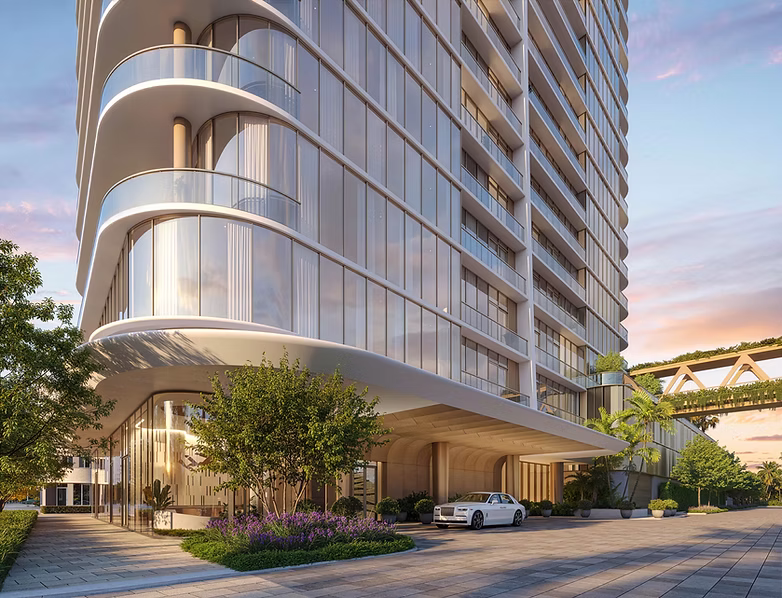 Ultra-luxury Kempinski Miami lobby concept with elegant finishes, warm lighting, and upscale seating