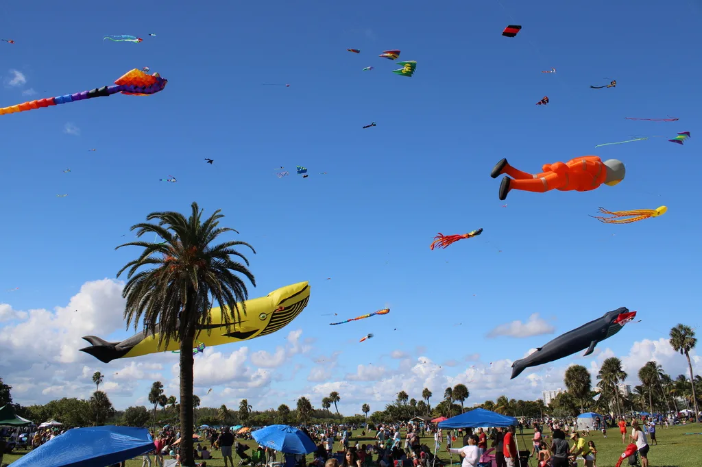 Colorful kites flying above the beach at Haulover Park during the kite festival
