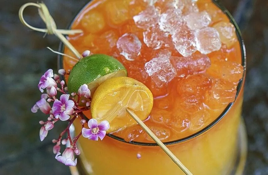 Colorful craft cocktail with citrus garnish and crushed ice at Broken Shaker Miami Beach bar