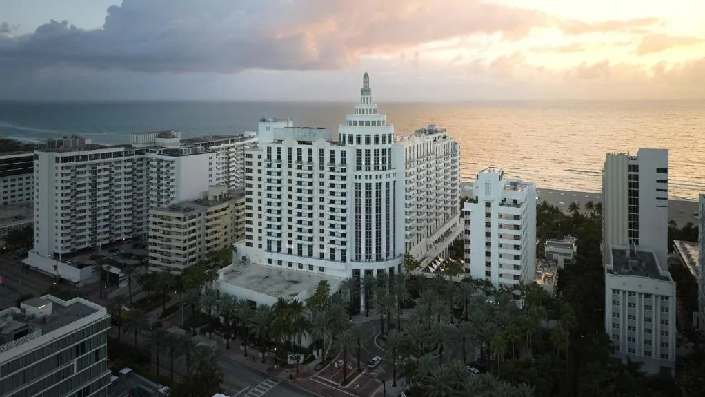 Best Hotels Miami Luxury oceanfront hotels skyline in Miami Beach at sunrise along South Beach