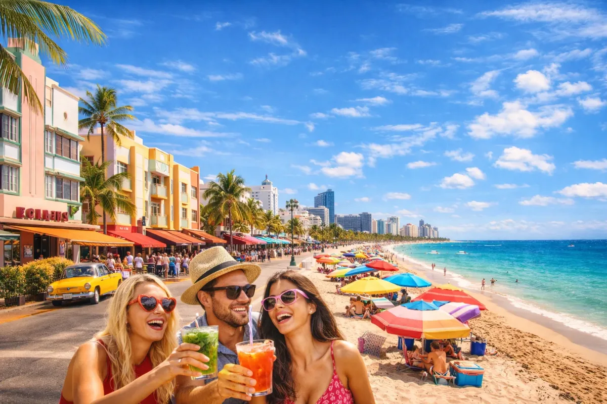 Friends enjoying drinks on Miami Beach Friends enjoying cocktails on Ocean Drive with colorful Miami Beach art deco buildings and sunny beach view