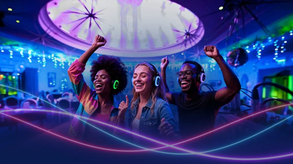 Party atmosphere inside a train during a silent disco event