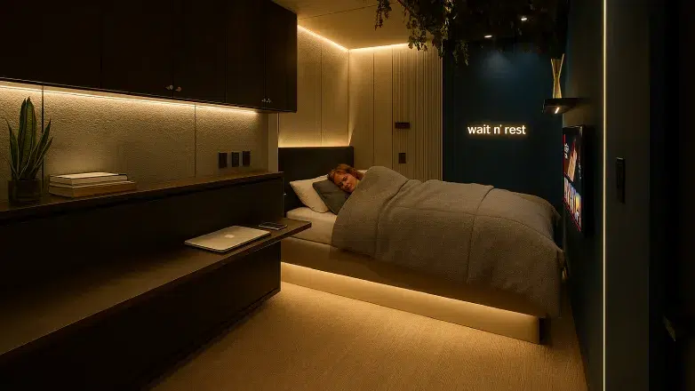 Traveler resting inside a modern Wait n' Rest sleep room at MIA airport