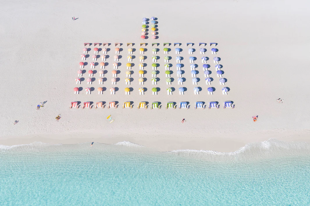 South Beach aerial view with colorful beach umbrellas and turquoise ocean