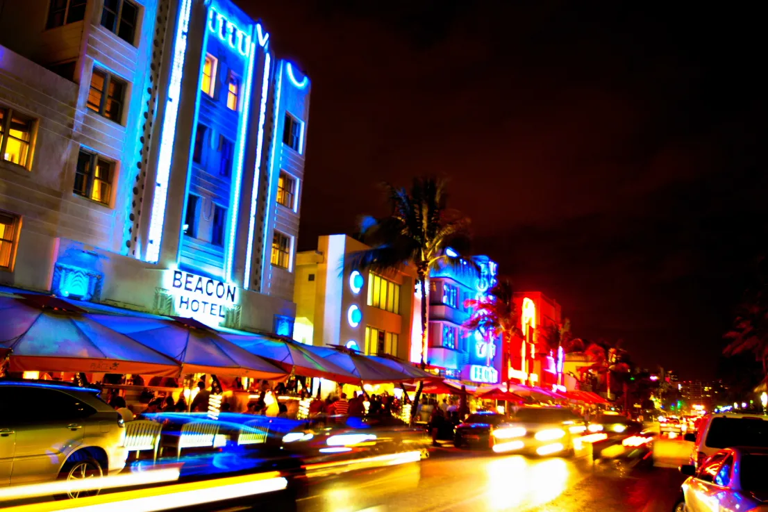 Miami Beach nightlife scene with neon lights on Ocean Drive