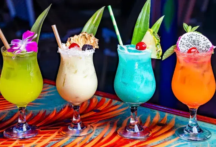 Colorful cocktails at Mango’s Tropical Cafe served in a vibrant and festive Miami Beach setting