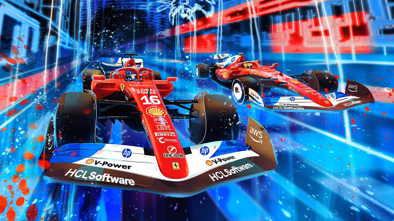 Formula 1 race cars speeding through Miami Grand Prix neon city track artwork