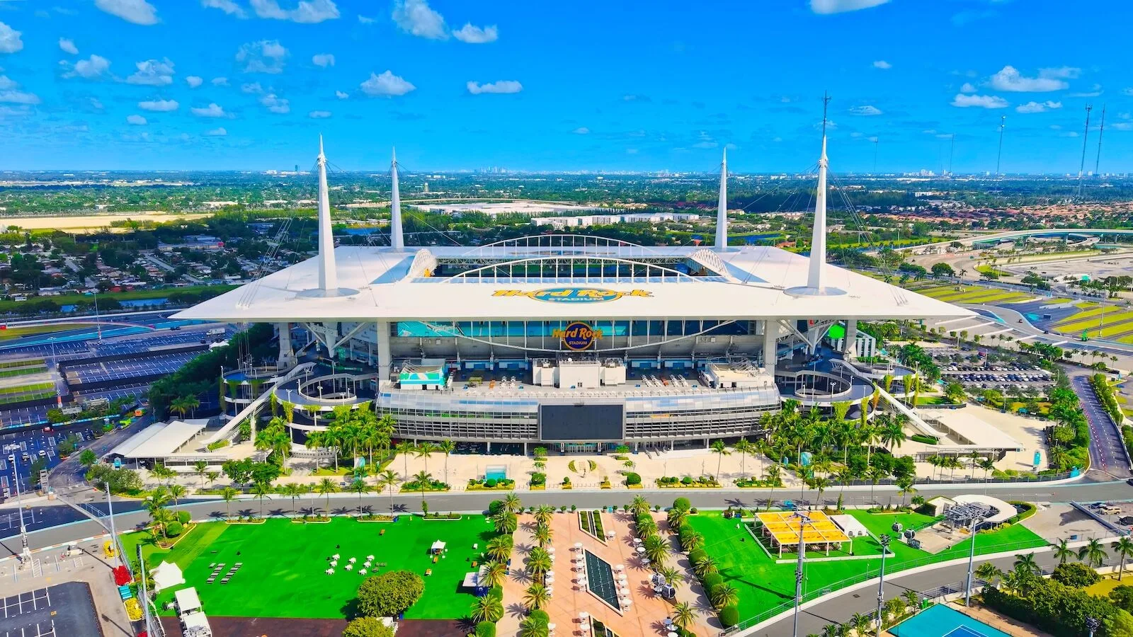 Aerial view of Hard Rock Stadium in Miami Gardens, host venue for matches during the 2026 FIFA World Cup.