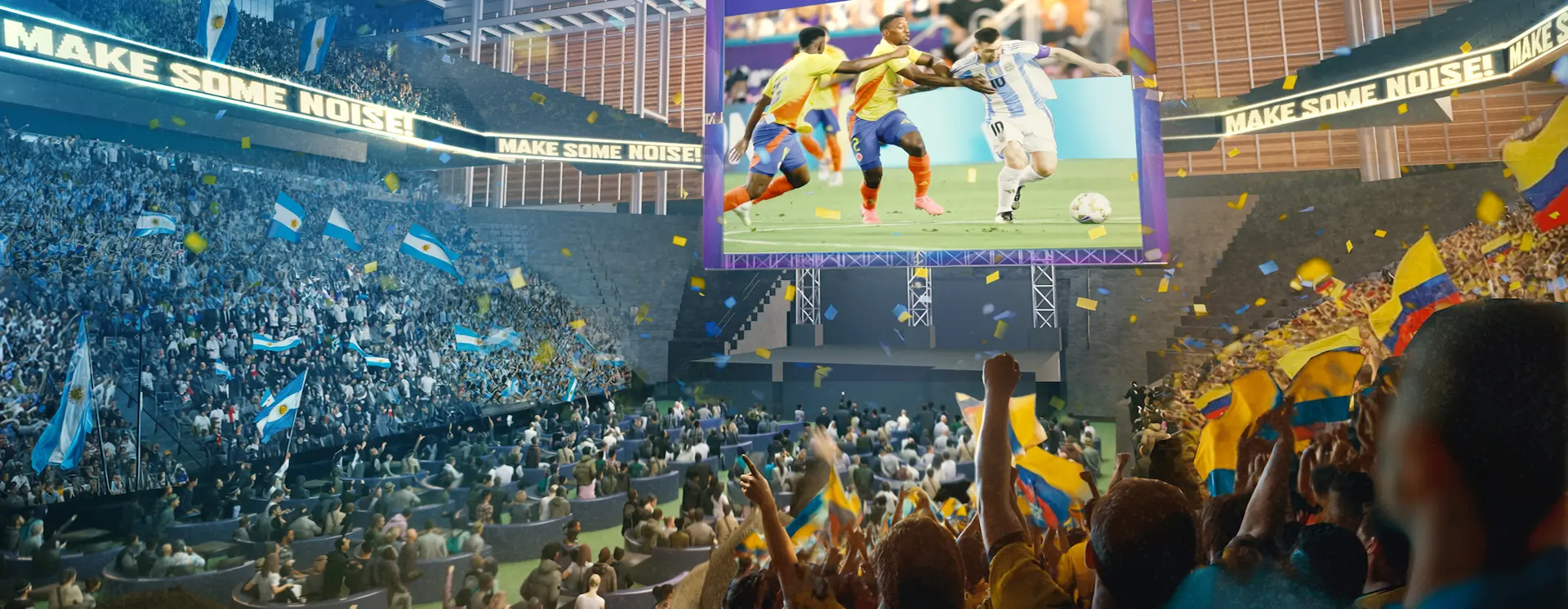 Fans cheering while watching a FIFA World Cup match on a giant stadium screen during a fan festival event.