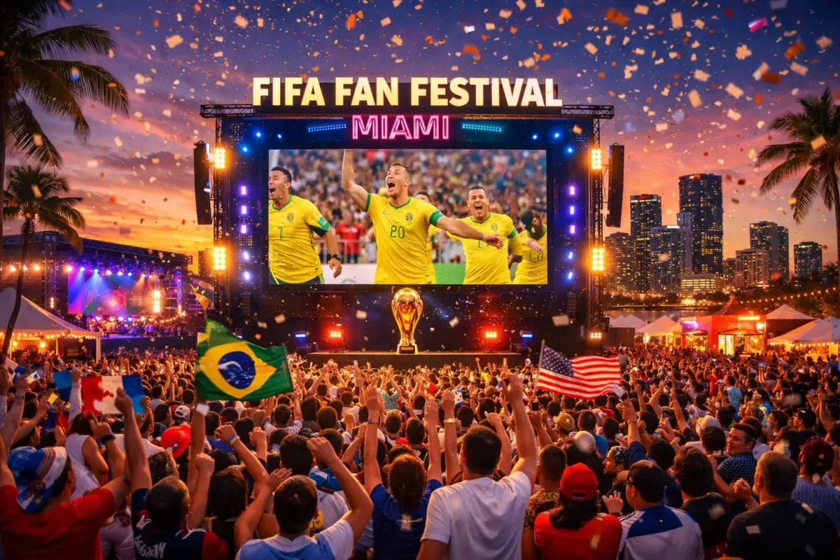 FIFA Fan Festival Miami Crowd Watching World Cup on Giant Screen Thousands of soccer fans watching a FIFA World Cup match on a giant screen during the FIFA Fan Festival in Miami with city skyline and fireworks.