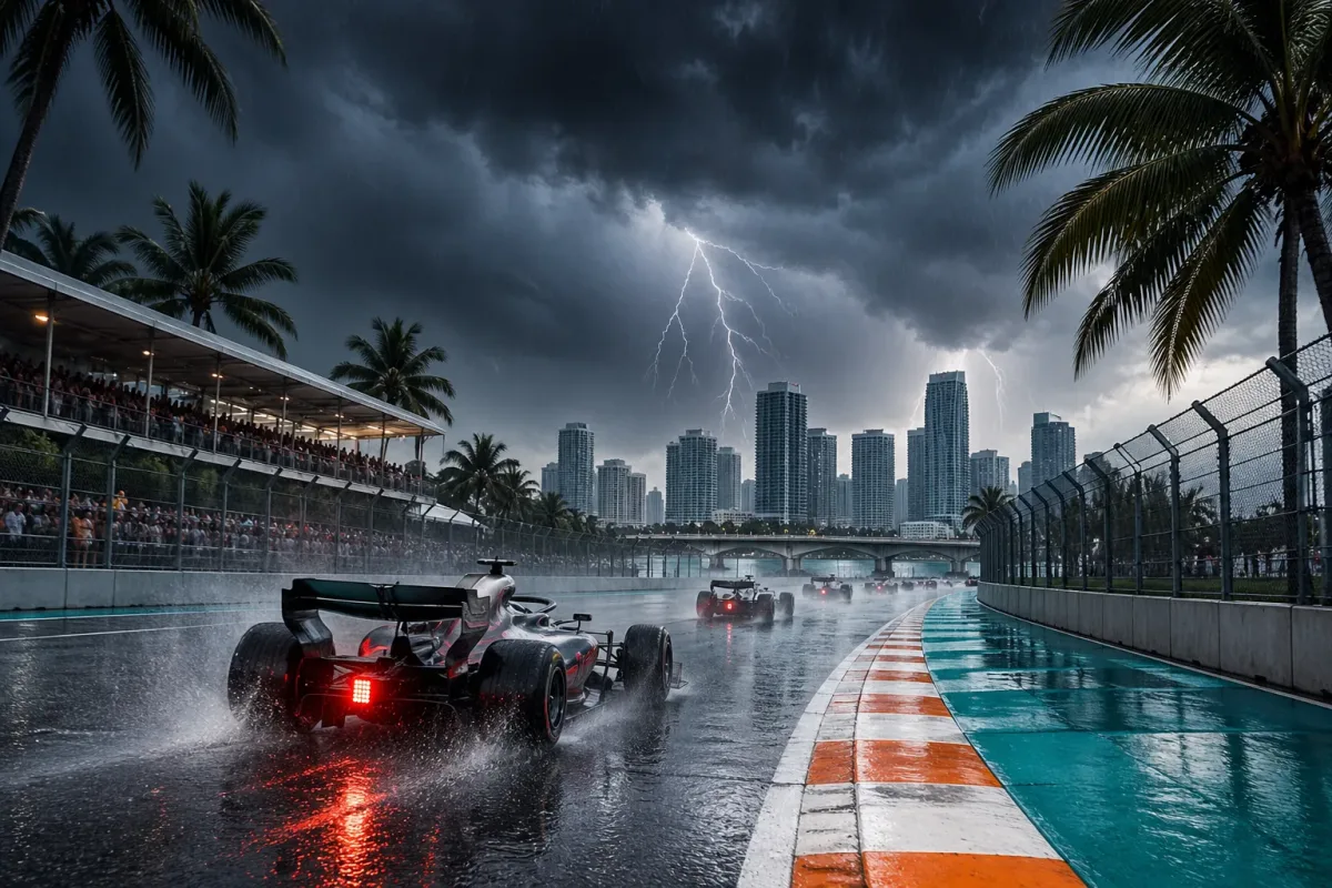 Miami Grand Prix in Stormy Weather Conditions Formula 1 cars racing on a wet Miami track under dark storm clouds with lightning and heavy rain conditions