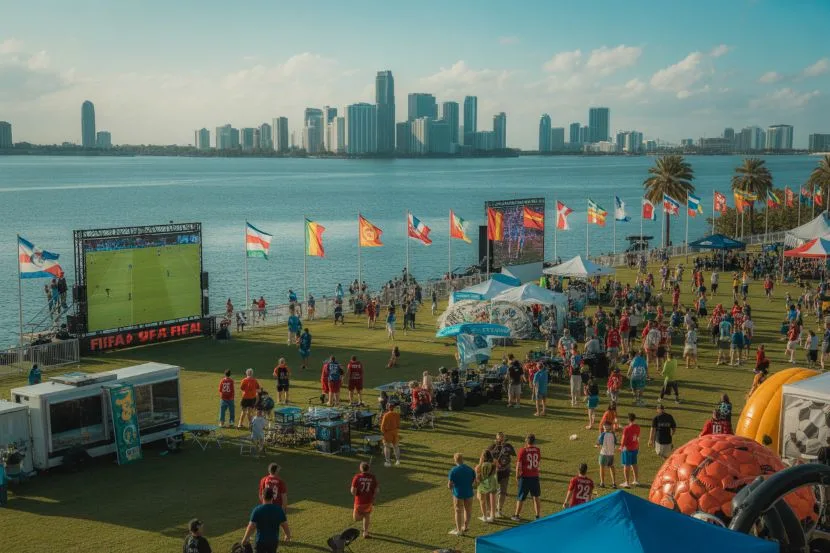 Soccer fans gathered at a waterfront FIFA Fan Festival in Miami watching matches on large outdoor screens with the city skyline in the background.