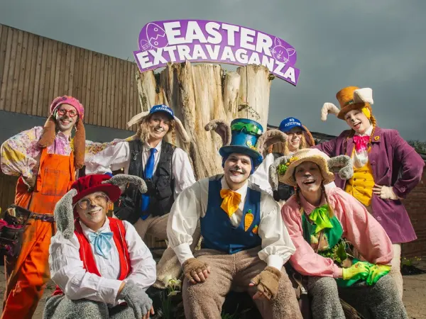 Group of performers in bunny costumes at the Easter Extravaganza family event in Miami