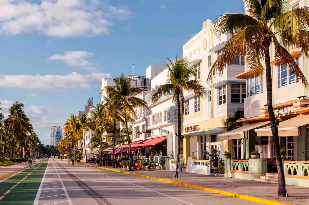 Sunny Miami city view with palm trees, blue sky, and tropical atmosphere