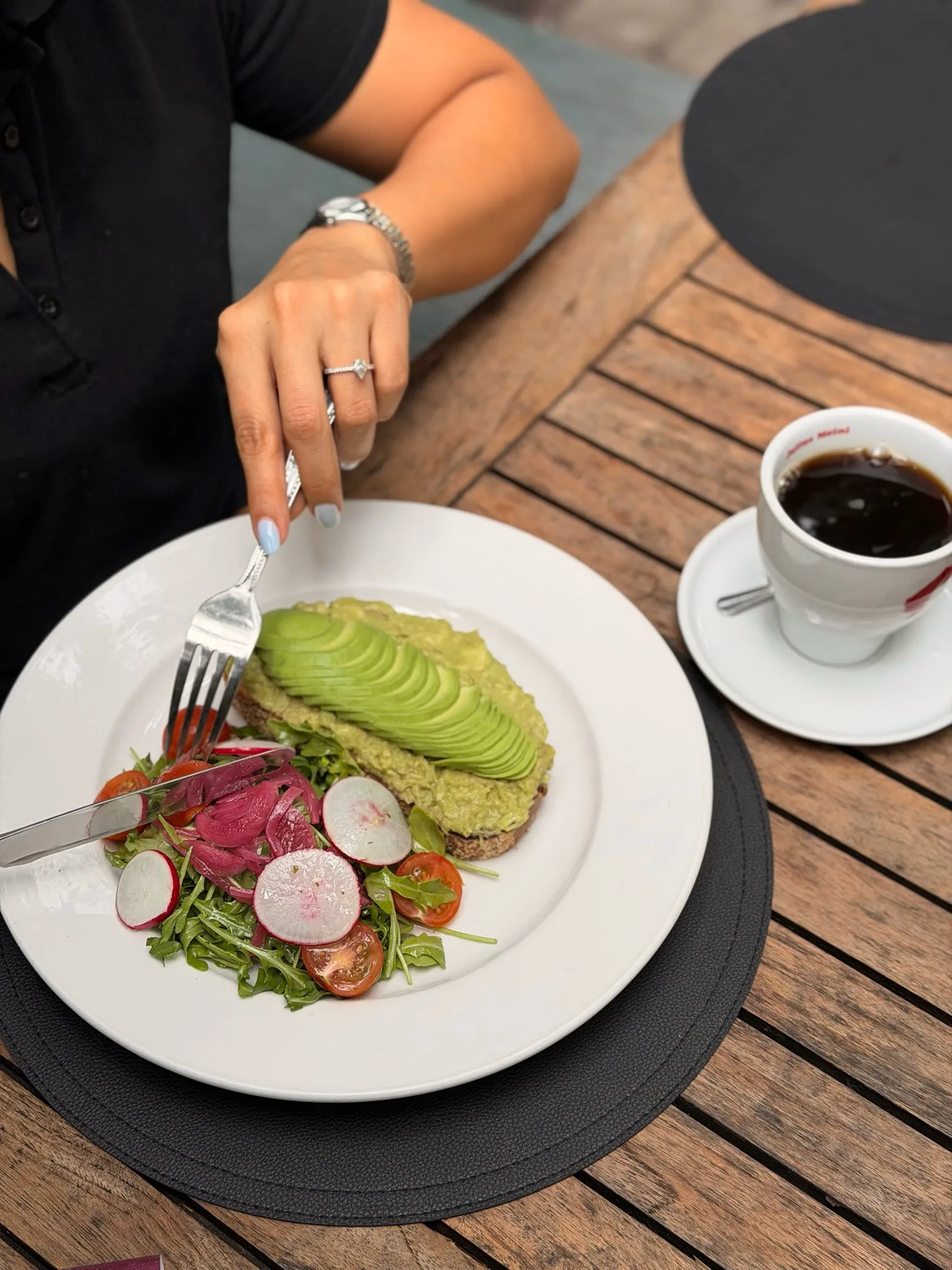 Avocado toast brunch with fresh coffee at Rakija Lounge, a stylish Miami Beach restaurant