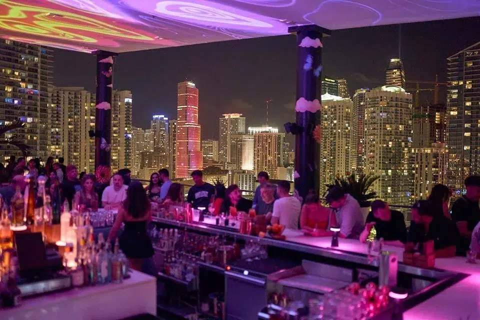 Miami rooftop bar nightlife with city skyline view, cocktails, and party crowd at night