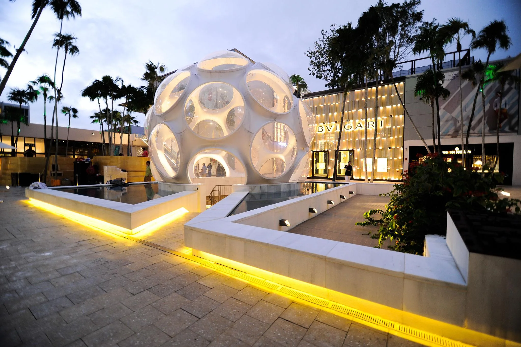 Luxury shopping area at Miami Design District featuring modern architecture and high-end boutiques at sunset