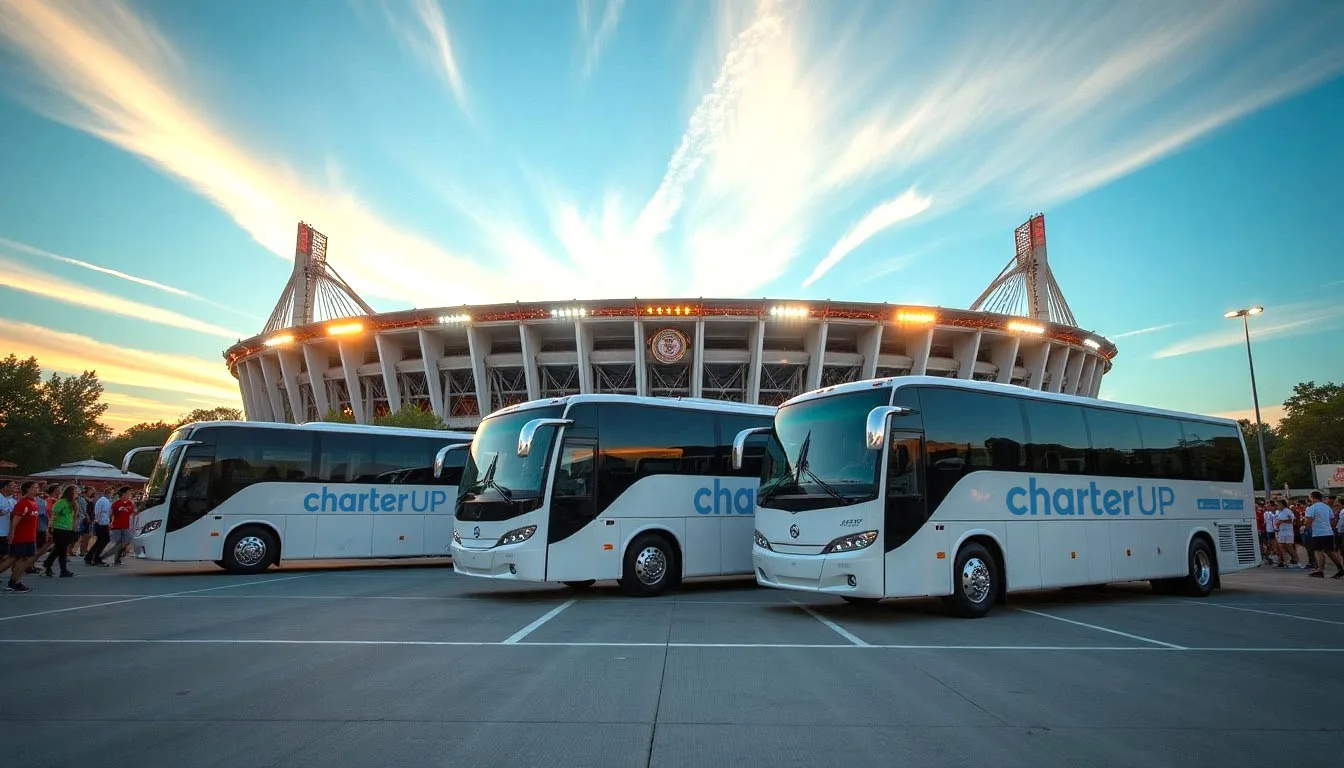 Shuttle buses parked outside a large stadium ahead of a major soccer event in Miami during FIFA World Cup 2026 preparations.