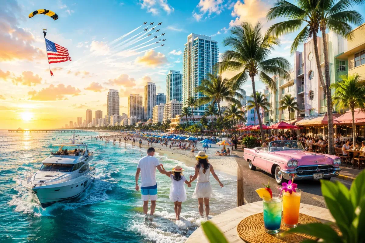 Top Things to Do in Miami This Memorial Day Weekend Colorful Miami Beach Memorial Day Weekend scene featuring yachts, beach crowds, rooftop cocktails, luxury cars, palm trees, military air show jets, and families enjoying the ocean at sunset.