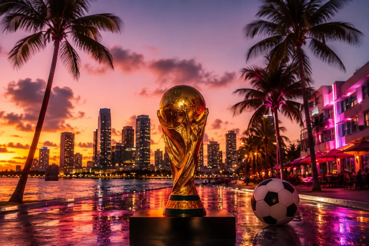 FIFA World Cup 2026 in Miami: Nightlife, Luxury & Entertainment Transformation FIFA World Cup trophy and soccer ball displayed along a Miami waterfront at sunset with palm trees, neon nightlife atmosphere, and the downtown skyline in the background.