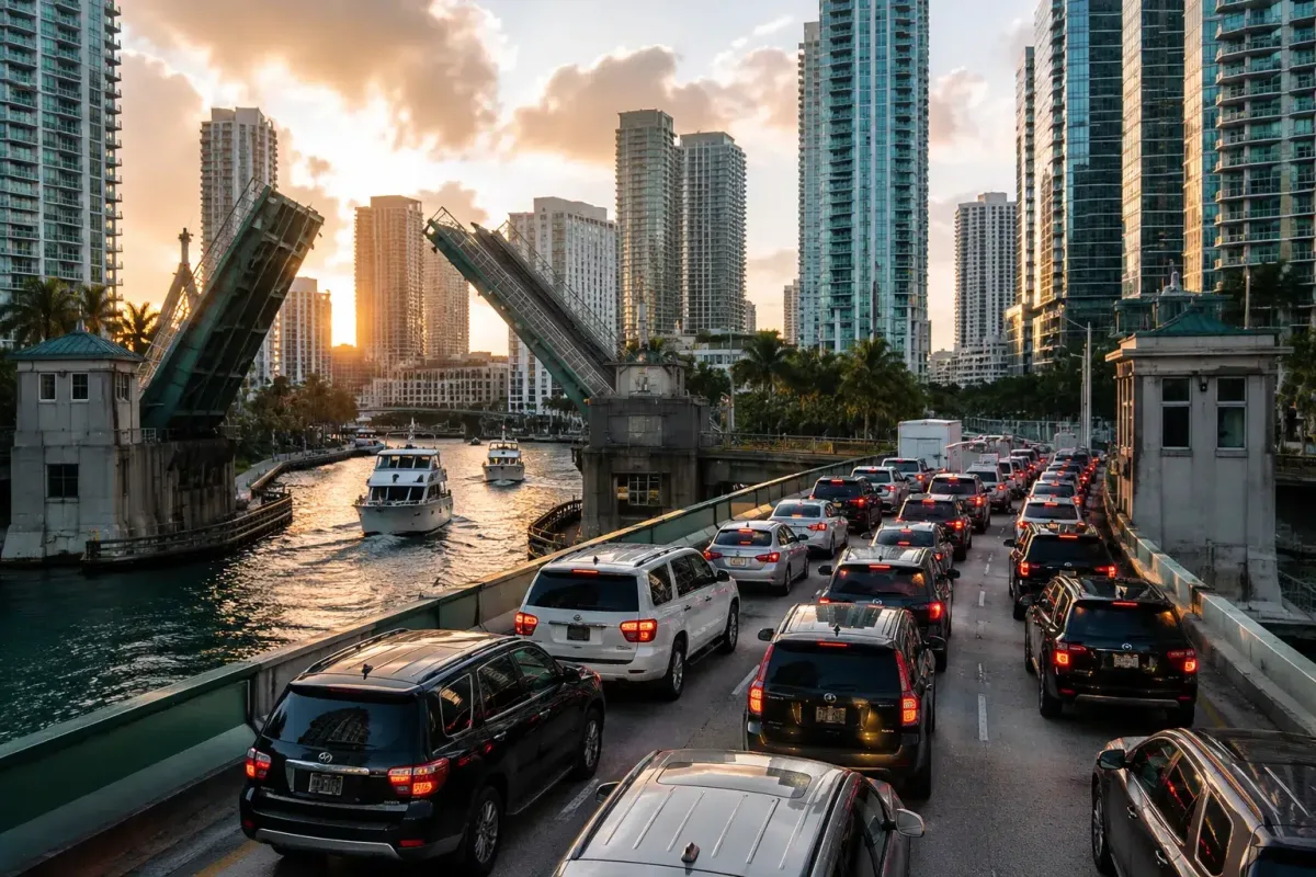 Brickell Avenue Bridge Traffic Delays in Downtown Miami Heavy traffic near the Brickell Avenue Bridge in Downtown Miami during sunset as the drawbridge opens for boats along the Miami River.