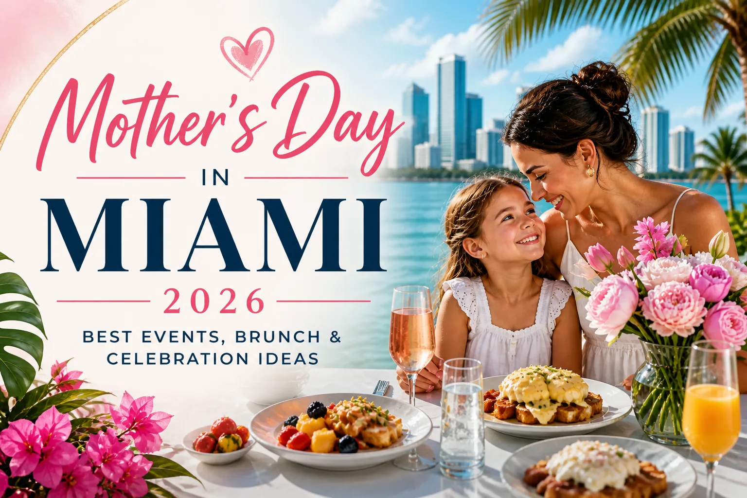 Mother and daughter enjoying a luxury brunch by the water in Miami with skyline views and flowers on Mother’s Day