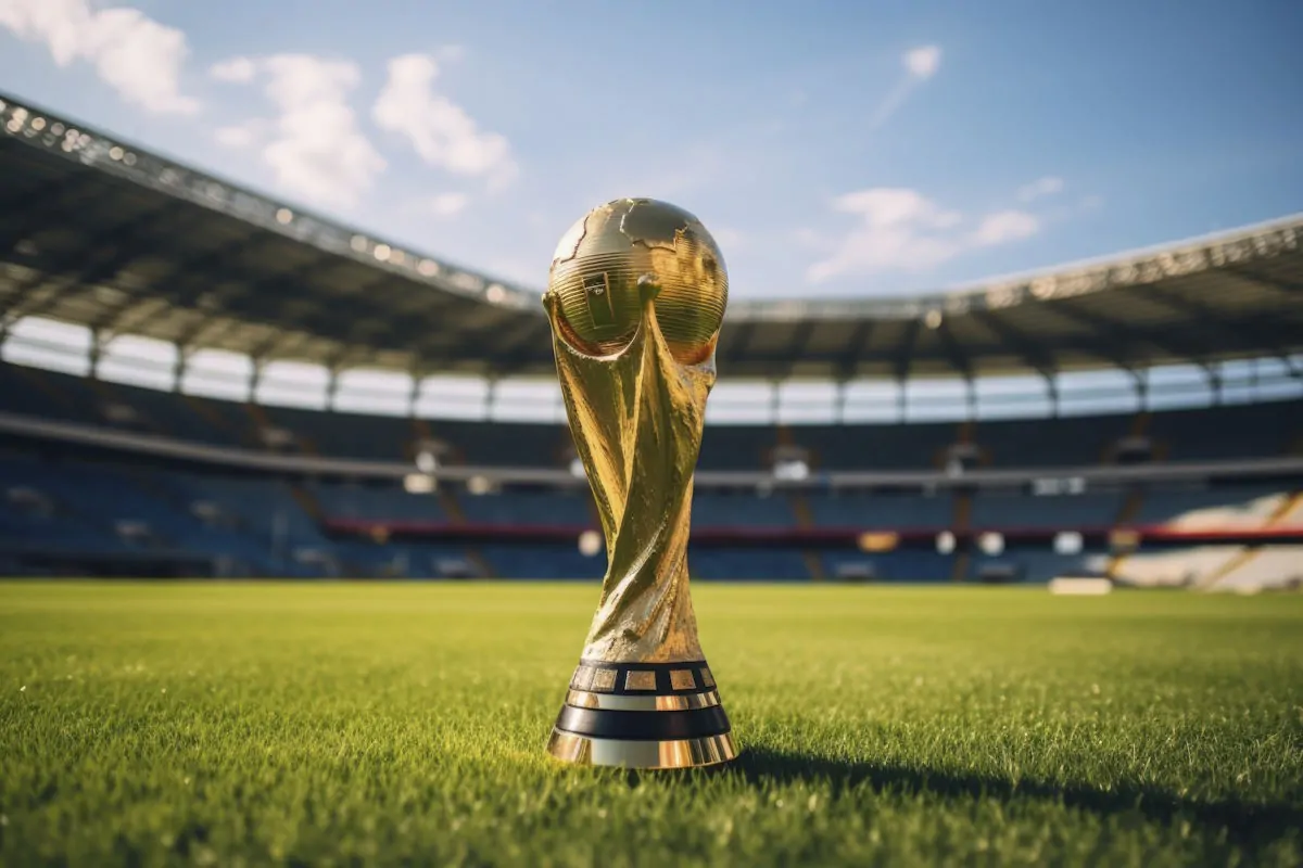 FIFA World Cup trophy displayed on a soccer field inside a stadium during sunset with a blurred arena background.