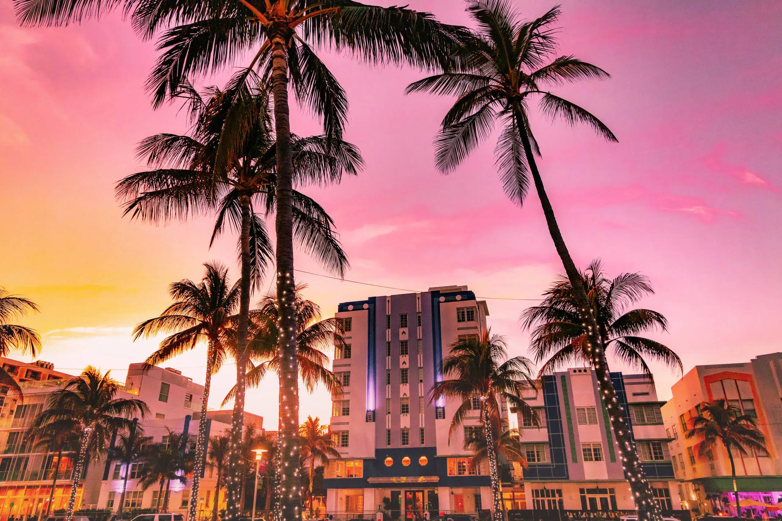 The waterfront of the famous Ocean Driver Art Deco district of Miami Beach with stunning sunset. South Beach in Miami Beach with palm trees and ocean views