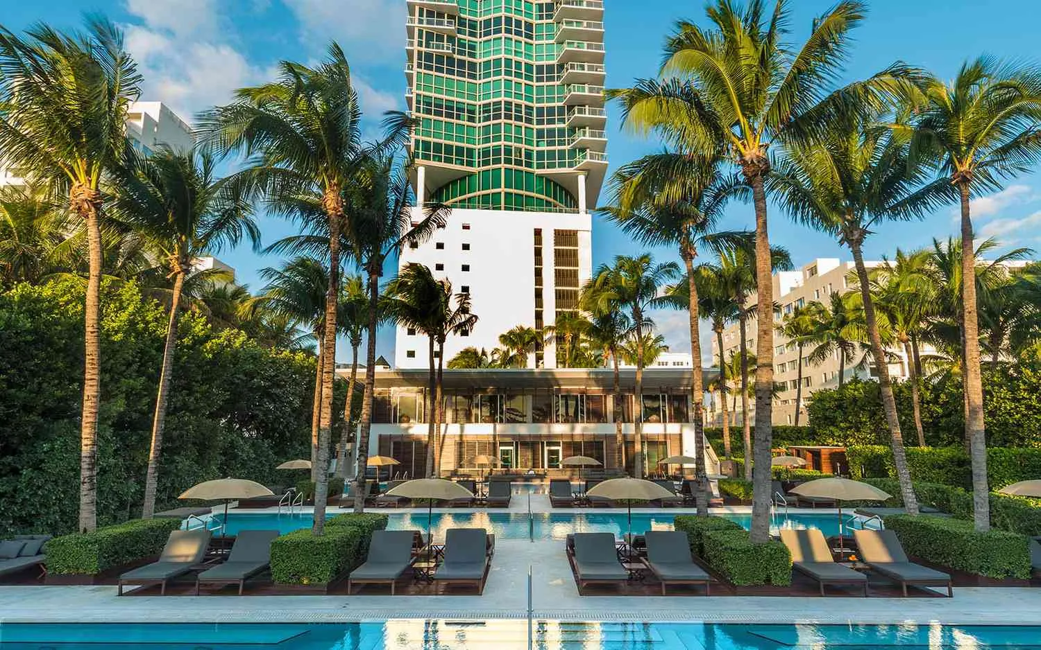 Luxury Miami Beach hotel pool surrounded by palm trees, modern high-rise buildings, lounge chairs, and upscale resort-style atmosphere.