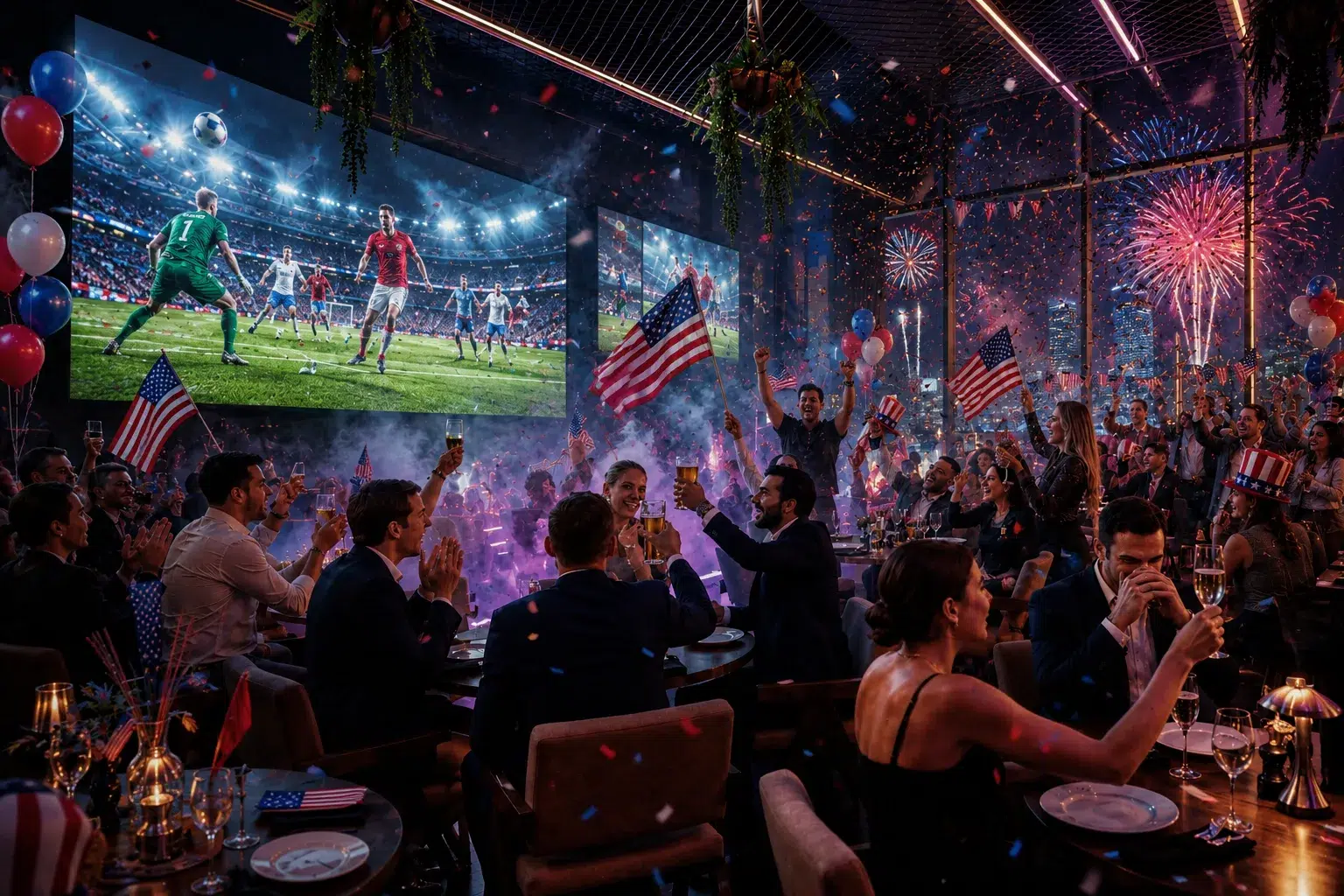 Miami Fourth of July World Cup Watch Party Experience Crowded Miami sports lounge celebrating a FIFA World Cup match during Fourth of July weekend, featuring fireworks, American flags, confetti, large viewing screens, and fans enjoying food and drinks in a festive atmosphere.