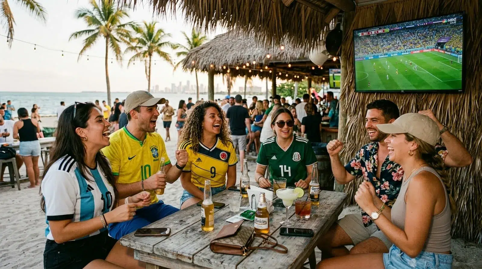 Soccer fans watching a FIFA World Cup match at a beachfront restaurant in Miami Beach, enjoying food, drinks, and a lively match-day atmosphere by the ocean.