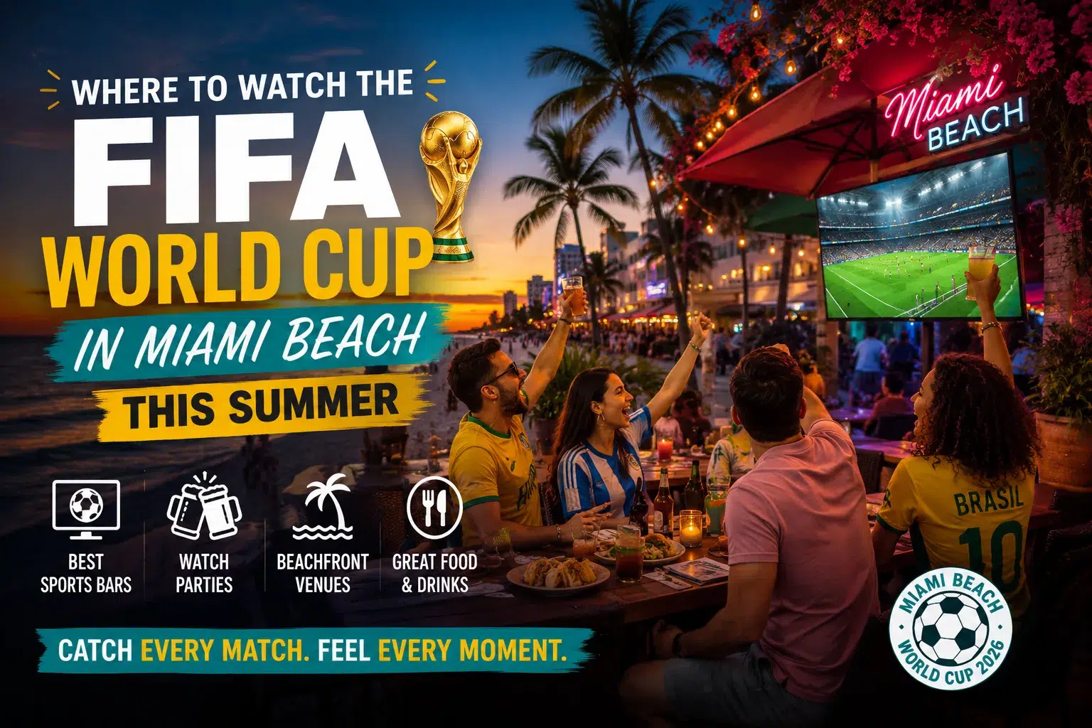 Where to Watch the FIFA World Cup in Miami Beach This Summer Soccer fans watching a FIFA World Cup match at a vibrant Miami Beach waterfront venue, featuring outdoor dining, large screens, palm trees, sunset views, and a lively tournament atmosphere.