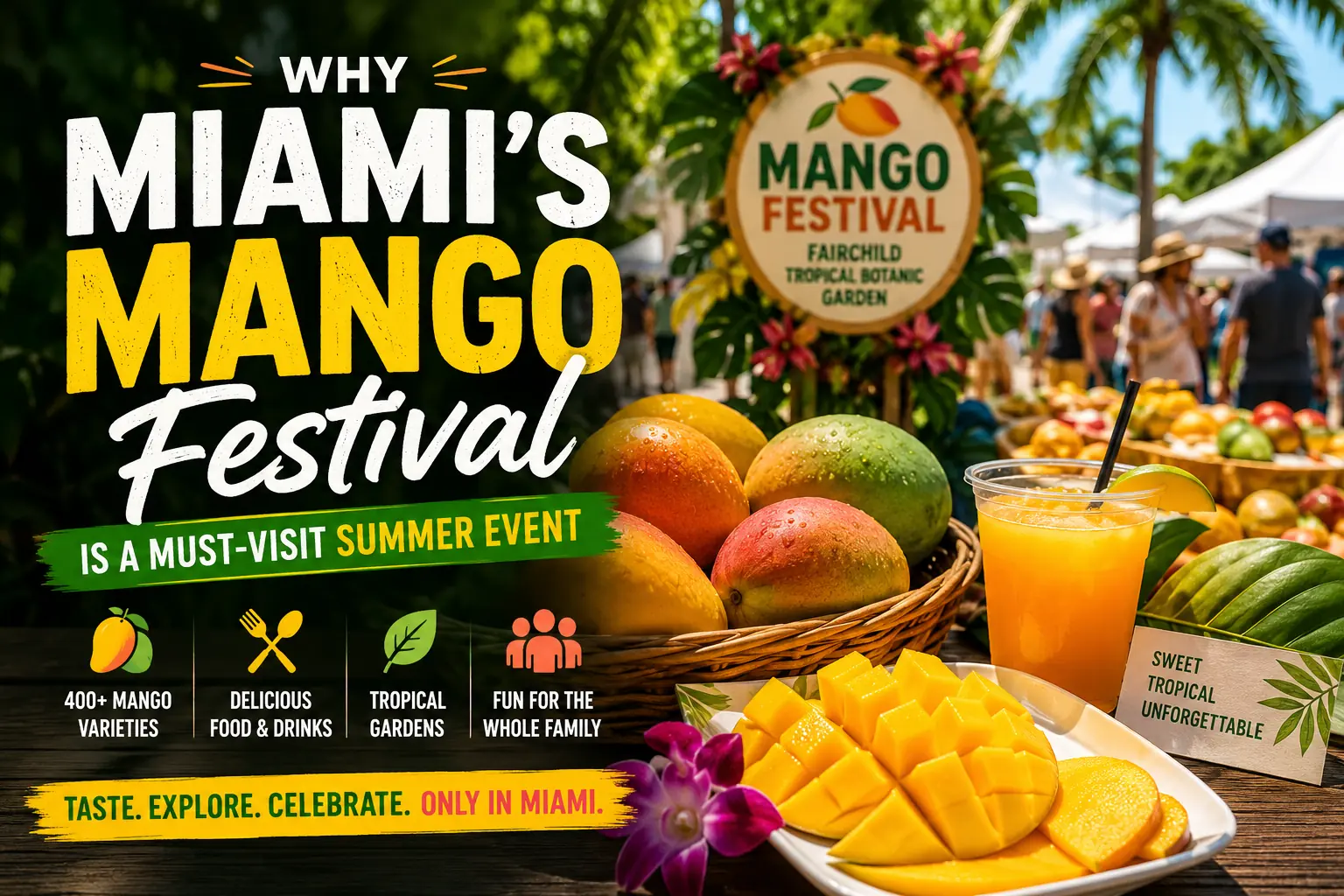 Why Miami’s Mango Festival Is a Must-Visit Summer Event Fresh mangoes, tropical drinks, and festival-goers enjoying the Miami Mango Festival at Fairchild Tropical Botanic Garden, one of South Florida's most popular summer food and cultural events.