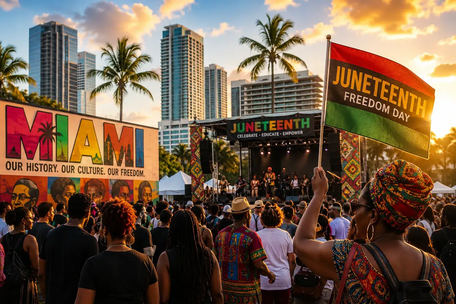 Juneteenth Celebrations in Miami: Events, Culture & Community Crowd gathered at a Juneteenth celebration in Miami featuring live music, cultural performances, community activities, vibrant artwork, palm trees, and the Downtown Miami skyline at sunset.