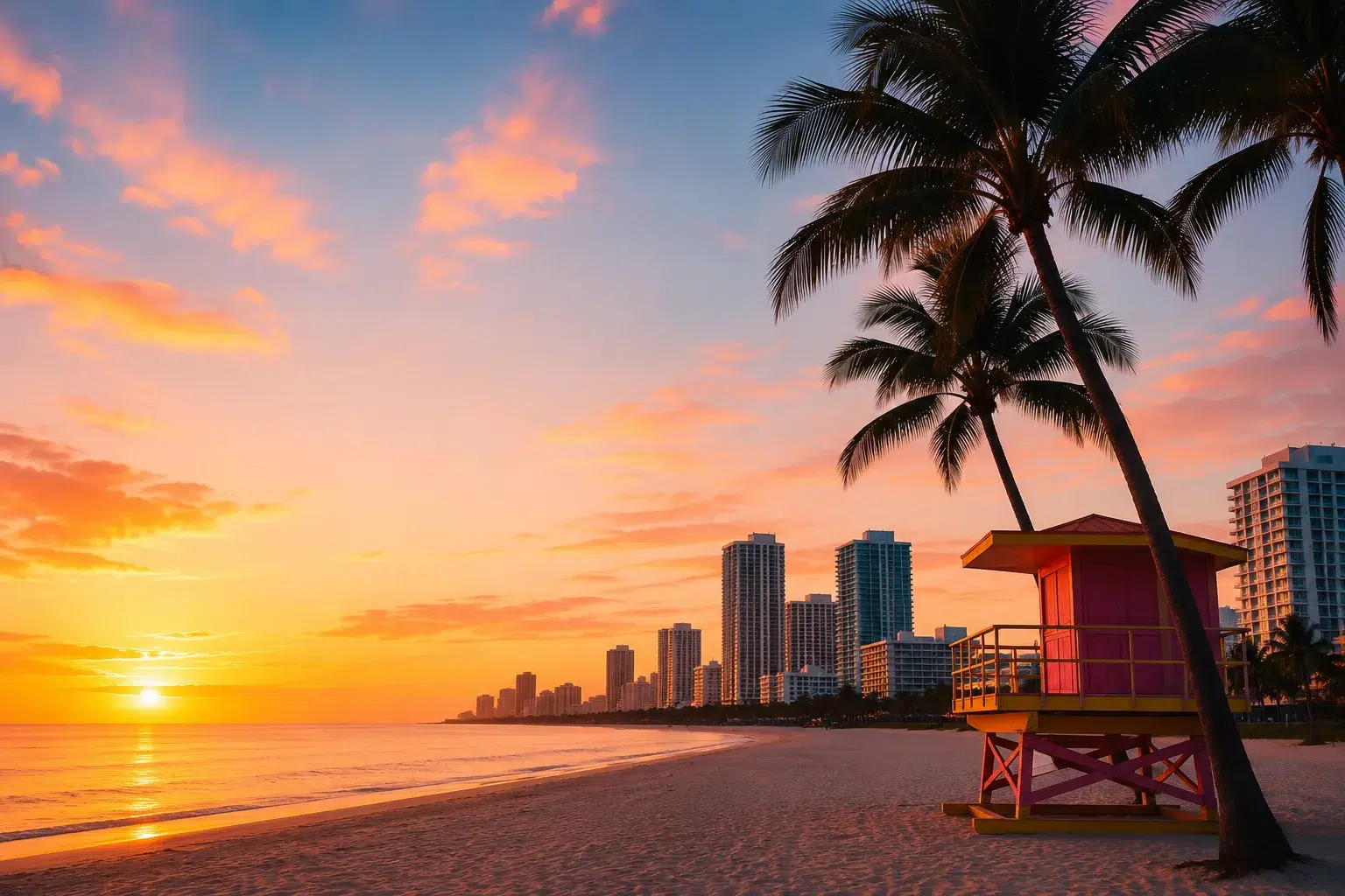 Miami Beach Sunrise with Lifeguard Tower and Skyline Colorful sunrise over Miami Beach featuring a vibrant lifeguard tower, swaying palm trees, calm ocean waters, and the iconic Miami skyline in the background.