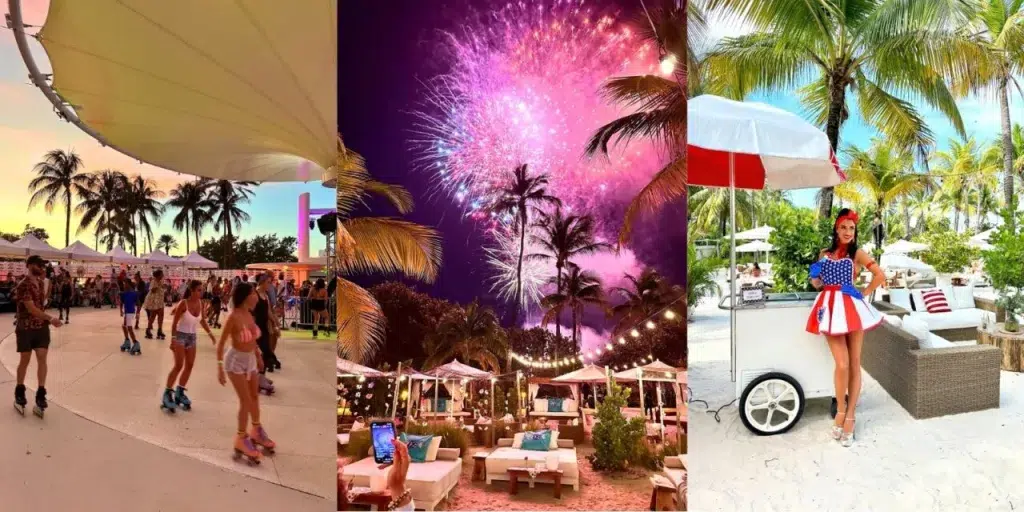 Collage showcasing Fourth of July celebrations in Miami, featuring people roller skating at an outdoor event, colorful fireworks over palm trees, and a patriotic-themed beachside scene with a festive performer in red, white, and blue attire.