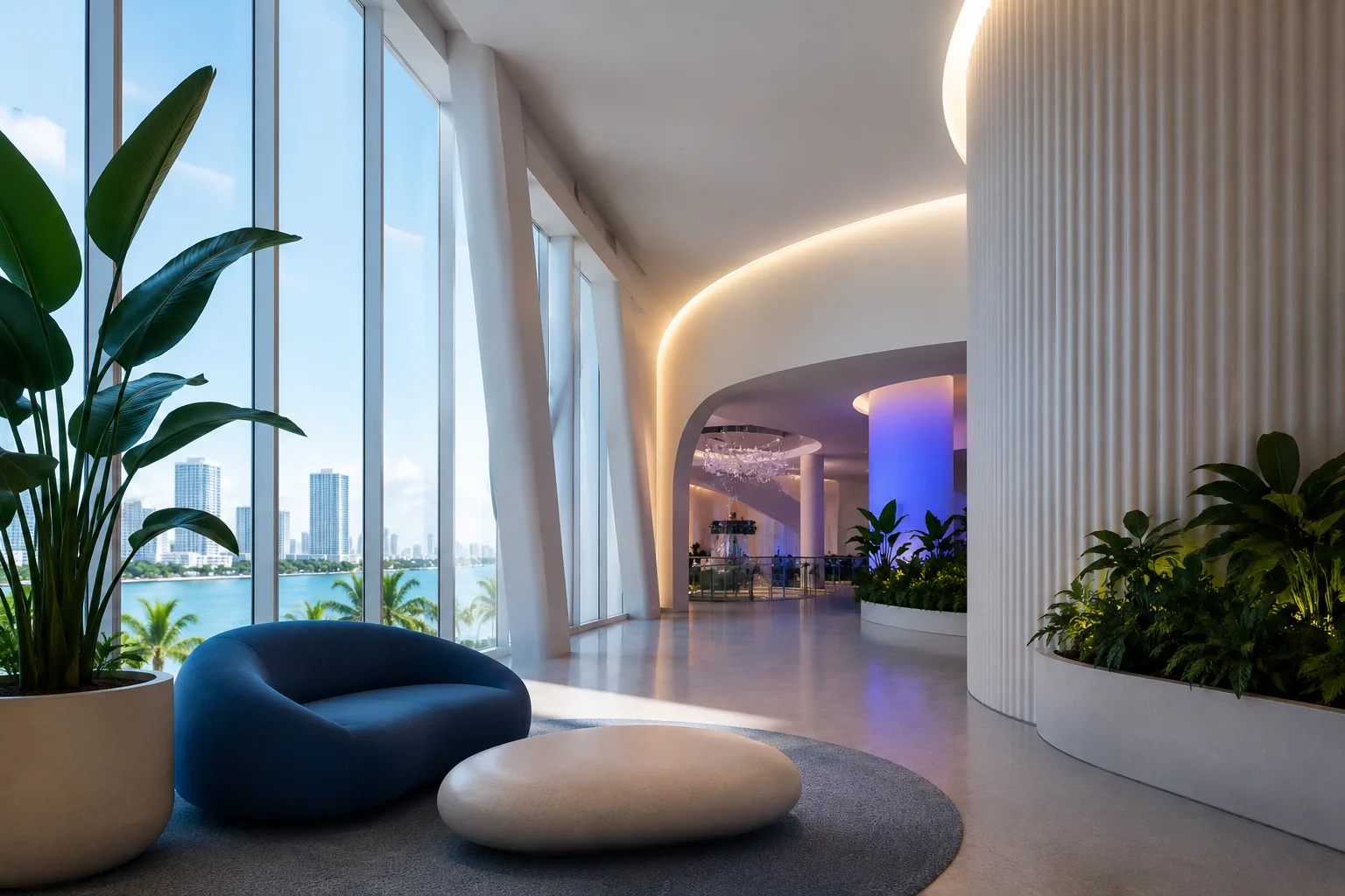Hidden Indoor Attractions to Escape Miami’s Summer Heat Modern indoor attraction in Miami with floor-to-ceiling windows, contemporary architecture, lush greenery, and a bright air-conditioned space overlooking Biscayne Bay, perfect for escaping the summer heat.