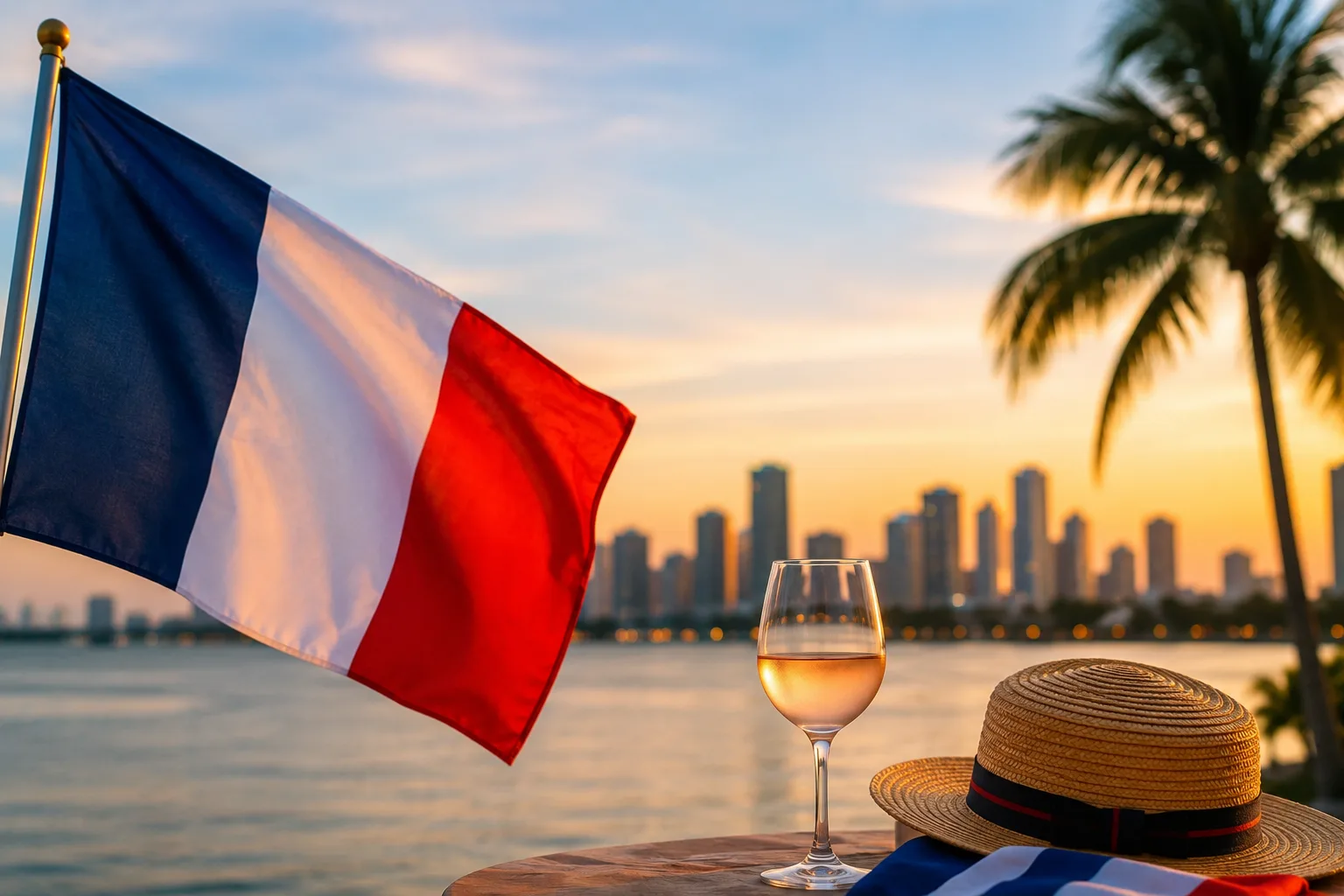Bastille Day in Miami: Celebrate French Culture by the Waterfront French flag waving beside a glass of rosé overlooking Biscayne Bay at sunset, capturing the elegant atmosphere of Bastille Day celebrations in Miami.