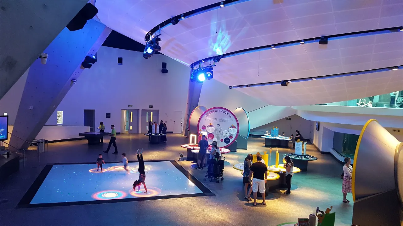 Interactive science exhibits inside the Phillip and Patricia Frost Museum of Science in Miami, featuring hands-on educational displays for visitors of all ages.
